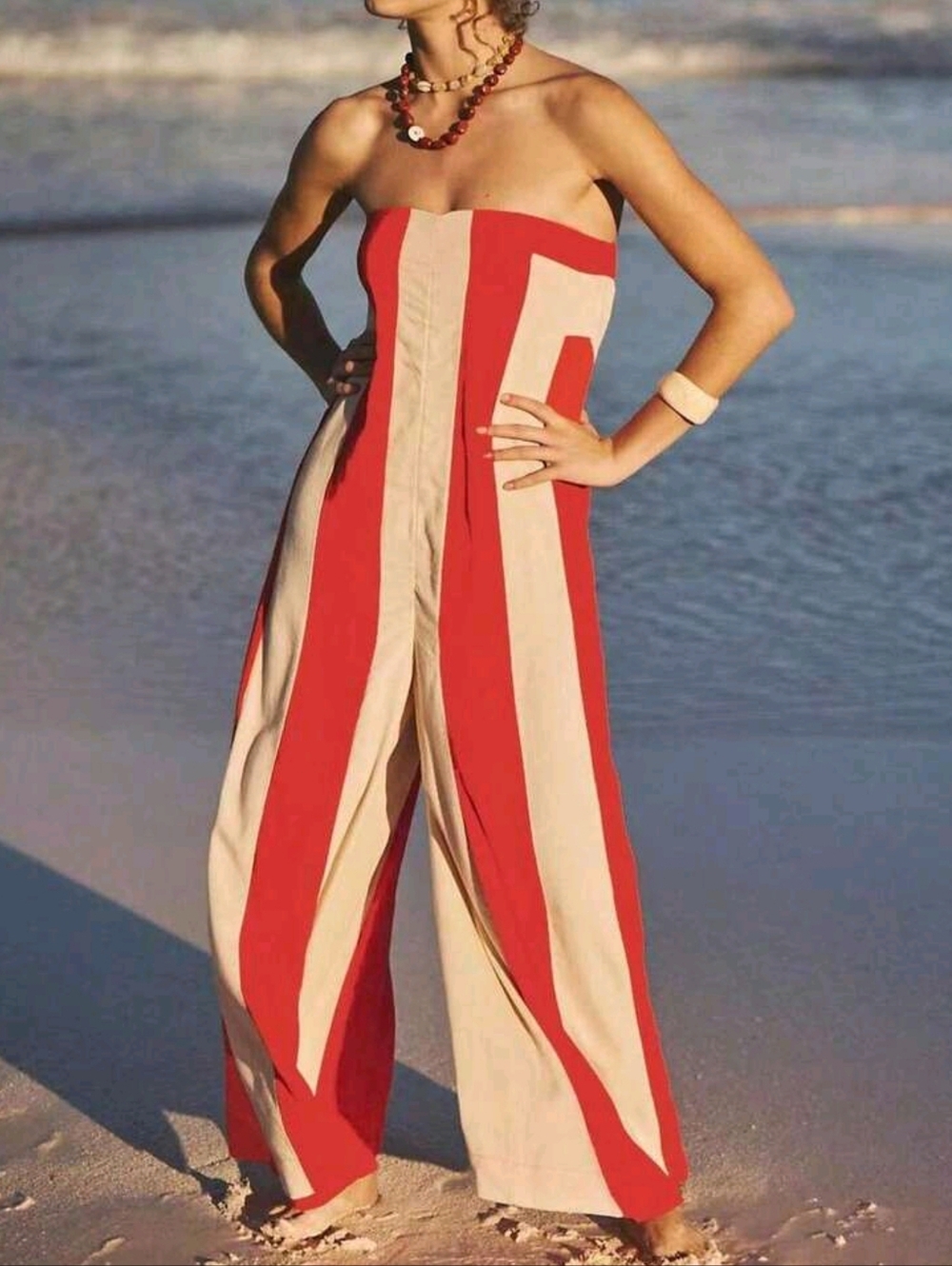 Two-Tone Color Block Tube Top Jumpsuit With Wide Leg, Elegant Loose Romper - Picture 5 of 7